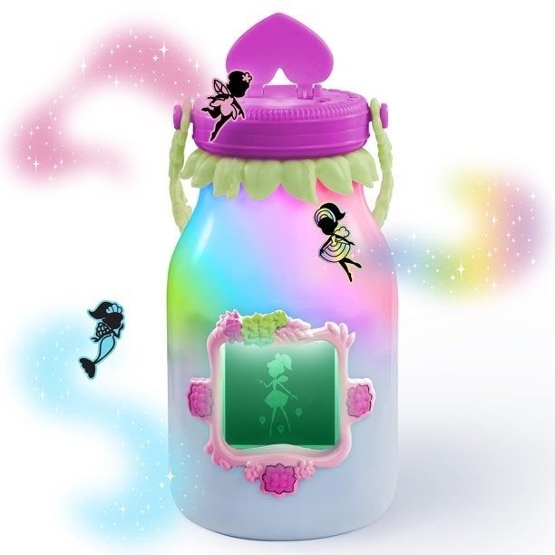 A rainbow-colored jar with virtual fairies fluttering around it