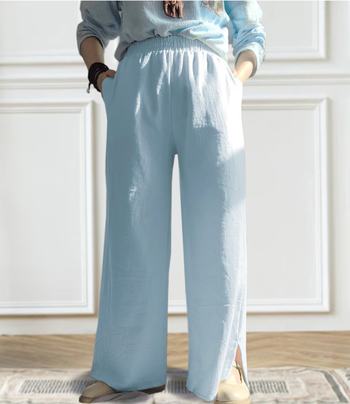 model showcasing the blue pants