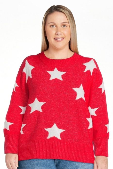 Image of model wearing a red sweater