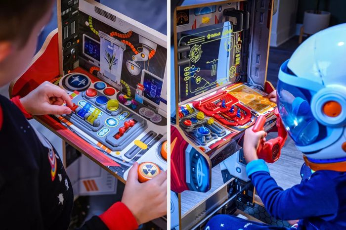A split image showcasing the control panels on the toy spaceship playset