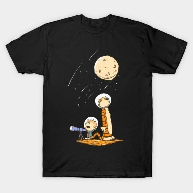A black tee featuring an astronaut version of Calvin and Hobbes.