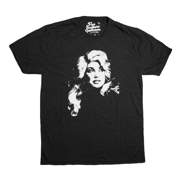 A black tee featuring a white image of Dolly Parton