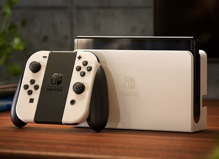 The white Nintendo Switch OLED model.