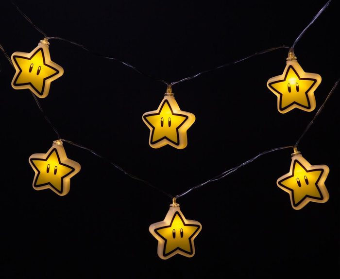 illuminated string lights shaped like cartoon stars from Super Mario