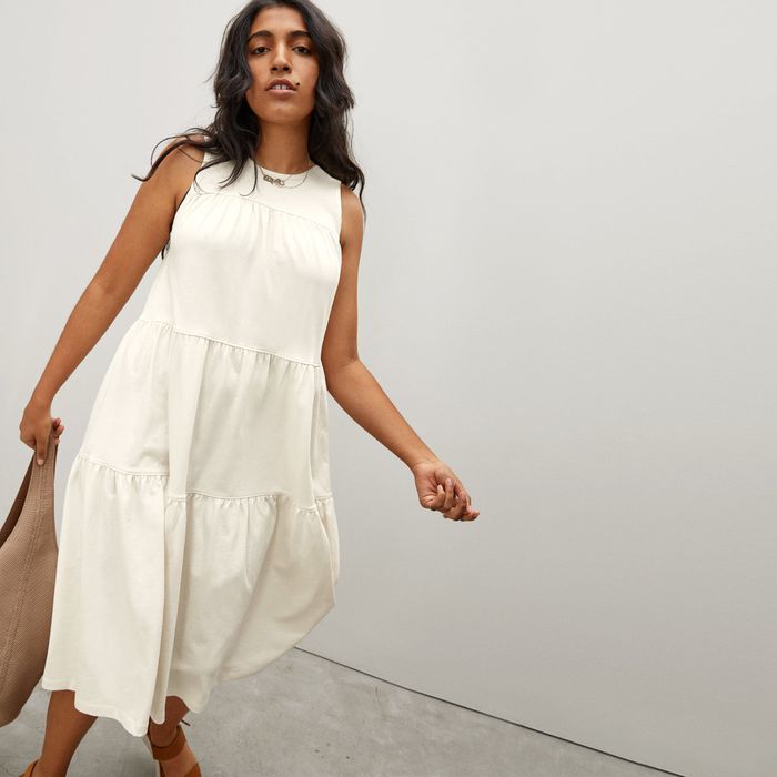 front view of a model wearing the canvas-colored dress