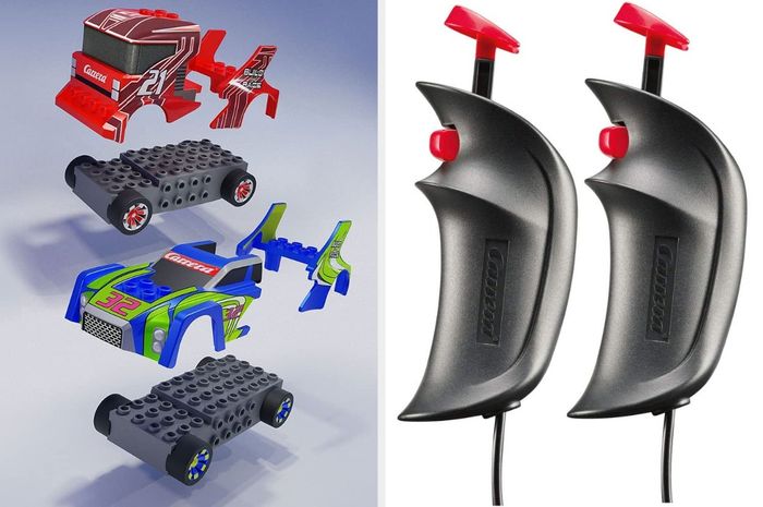 A split image showing two colorful racing cars made from building blocks alongside two black handheld controllers