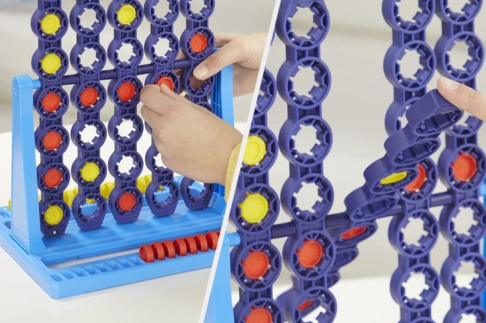 A split image showcasing game details with blue spinning frames holding red and yellow checkers