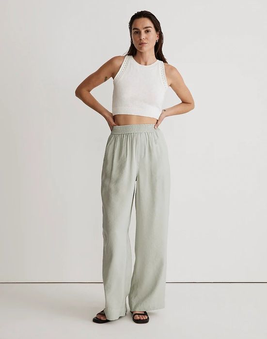 model wearing sage mist wide-leg pants