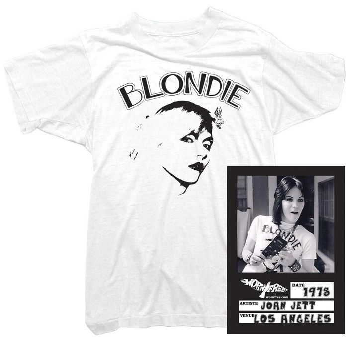 A tee with a graphic of singer Blondie, paired with a photo of Joan Jett wearing the same design