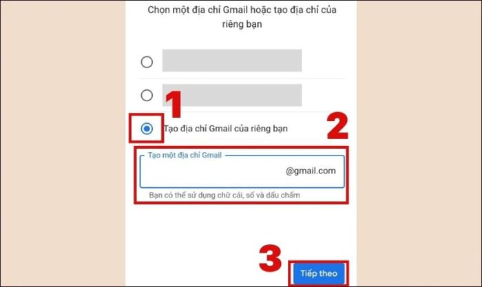 Nhập địa chỉ Gmail và nhấn Tiếp theo