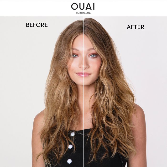 A model's wavy hair before and after using Ouai Wave Spray.