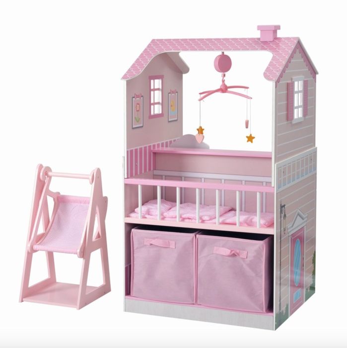 The all-in-one baby doll nursing station featuring pink accents