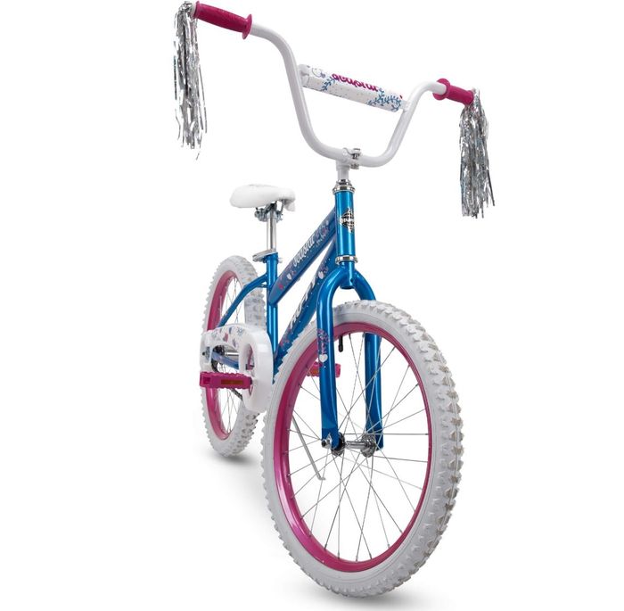 The bike featuring white handles and a blue frame