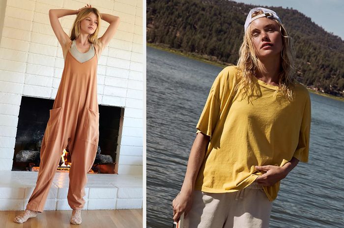 A model dons a brown onesie with pockets, a tank top, and thick socks while sitting in front of a cozy fireplace. Another model, standing by the water, wears a loose yellow t-shirt, sweats, and a baseball cap.