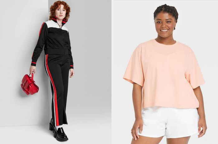 A model rocks a black track jacket with red and white stripes down the sides, paired with matching pants against a white background. Another model sports a cropped peach oversized short sleeve top with white shorts in a similar white backdrop.
