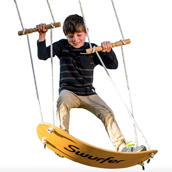 The stand-up swurfer swing with a vibrant yellow base