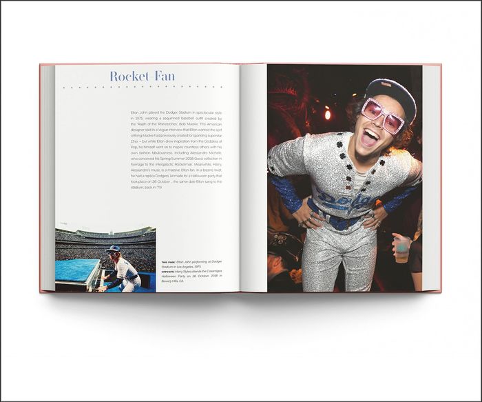 A spread from inside the book showing Harry Styles dressed as Elton John.