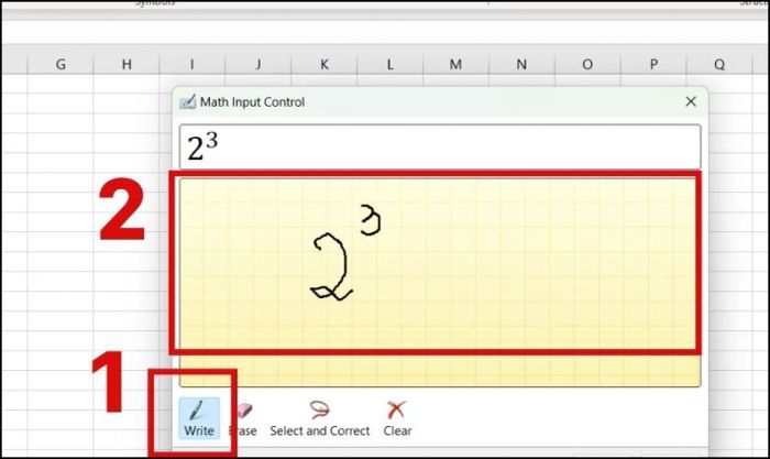 Chọn Write để viết số mũ trong Excel