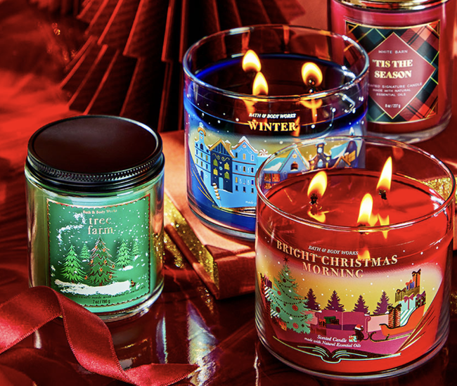 A collection of holiday-themed candles from Bath & Body Works.