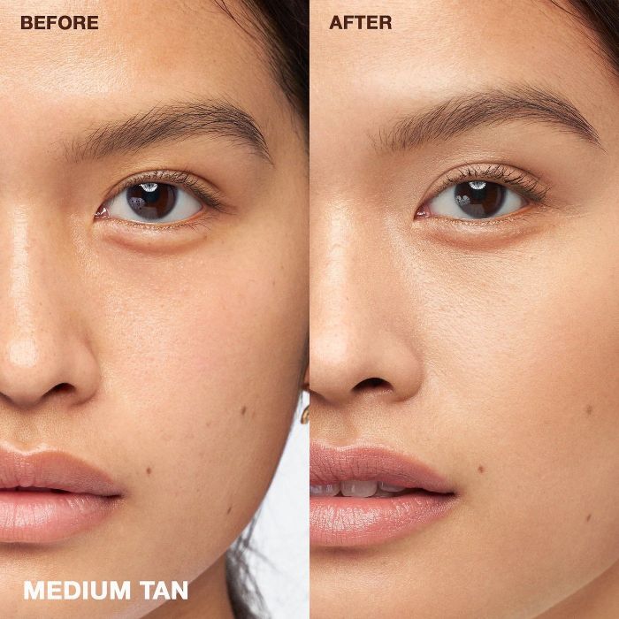 Before and after shots of a model using under-eye brightening corrector.