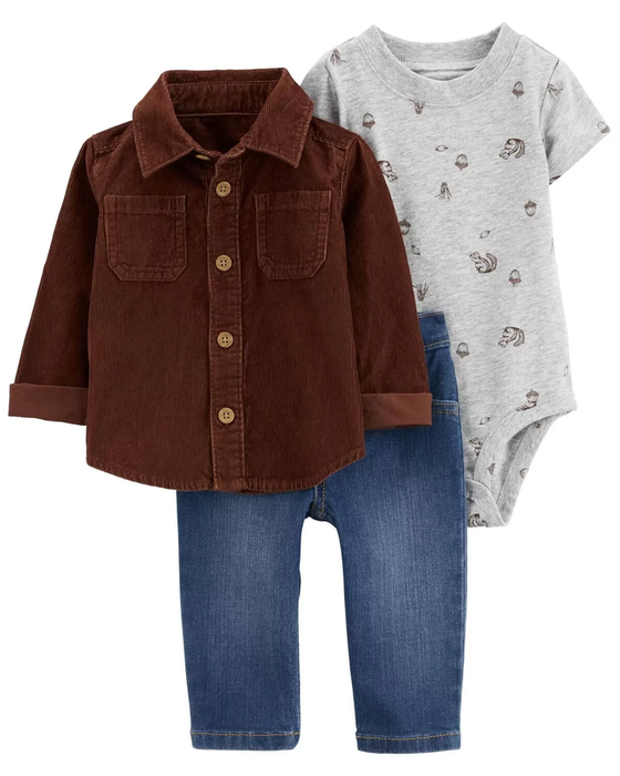 A baby outfit including a brown shacket, blue denim jeans, and a onesie featuring chipmunks and acorns.