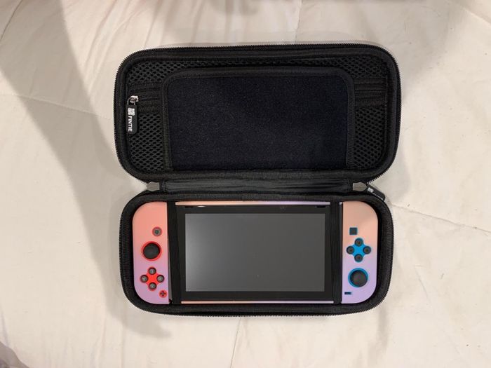 A reviewer's Switch securely tucked inside the zippered case.
