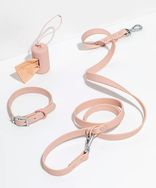 A leash, collar, and poop bag holder in a soft blush color.