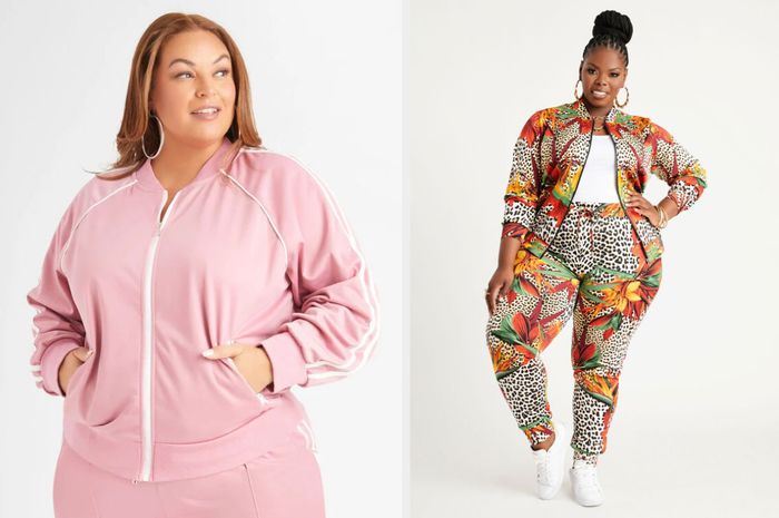 A model is wearing a light pink zip-up sweatshirt paired with matching track pants, set against a white background. Another model flaunts cheetah-print leggings adorned with green, orange, and red floral patterns, a matching hoodie layered over a white top, and white sneakers.