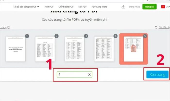 Nhập số trang cần xóa và nhấn Xóa trang