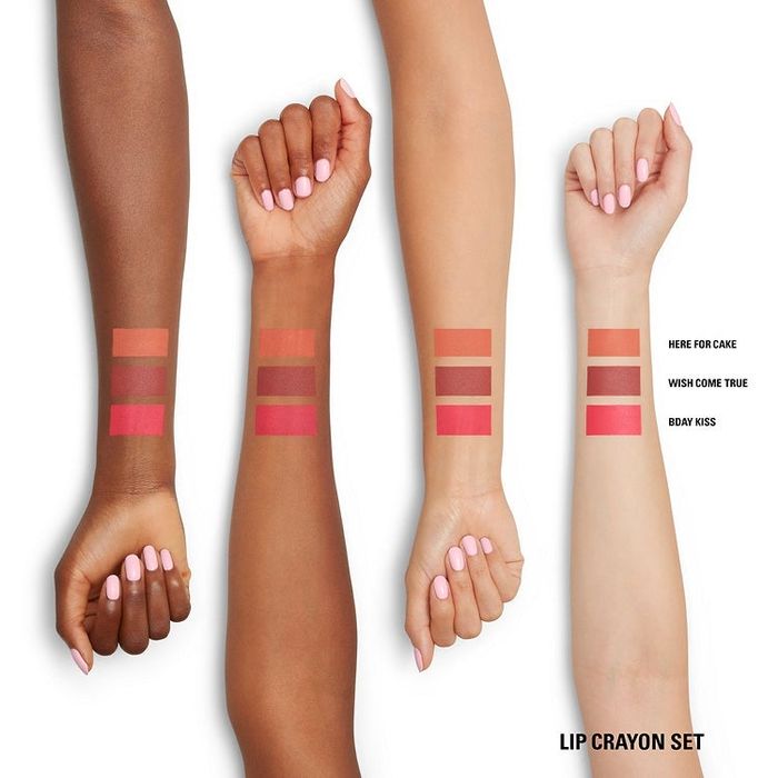 four different skin tones showcasing the lip crayon shades
