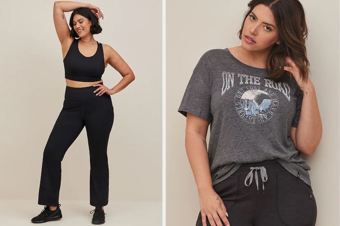 A model wears black bootcut leggings with a matching black sports bra against a brown background, while another model sports a gray t-shirt that reads 'On the road' with a waterfall graphic, paired with black sweatpants, also on a brown background.