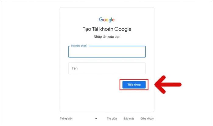 Nhập tên tài khoản Gmail và nhấn chọn Tiếp theo