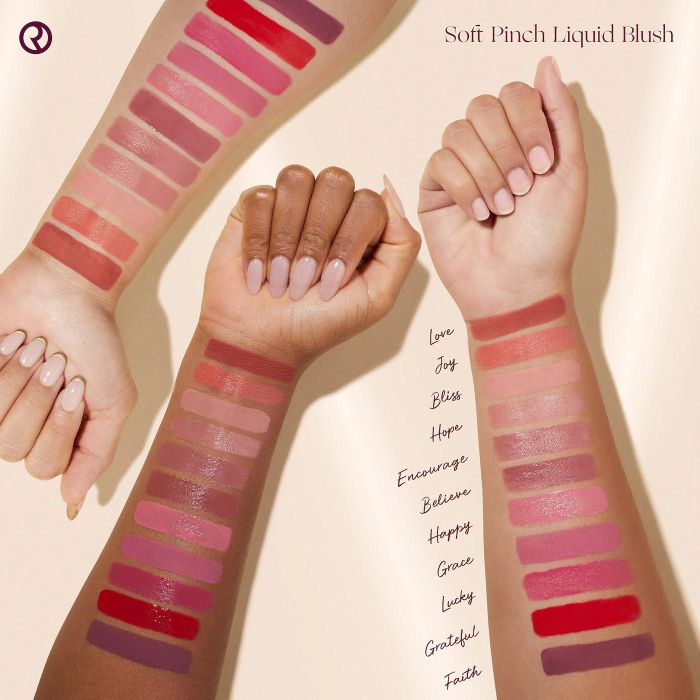 Swatches of the full shade range on the arms of three different individuals, showcasing the variety of hues.