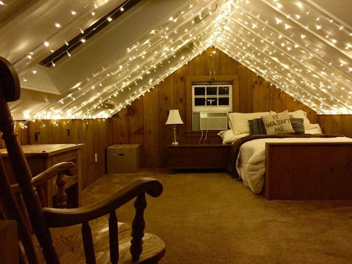 A photo of the lights hanging from the roof of their attic room