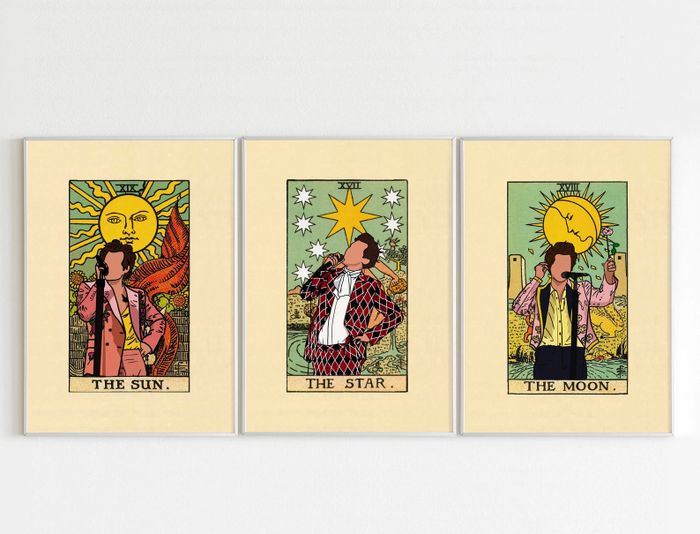 Three Harry Styles tarot card posters featuring themes like 'the sun,' 'the star,' and 'the moon.'