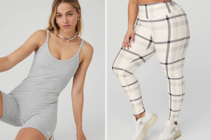 A model in a gray spaghetti strap romper with a silver chain necklace stands against a gray background, while another model rocks white, black, and gray high-waisted leggings paired with white sneakers in front of a gray backdrop.