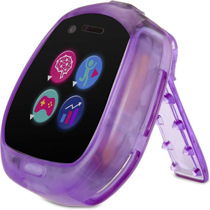 the watch resting on its built-in stand, displayed on a dresser like an alarm clock