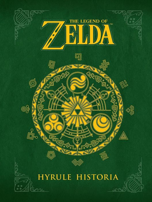 The dark green cover of the book featuring symbols from the Zelda game, with a golden emblem in the center.