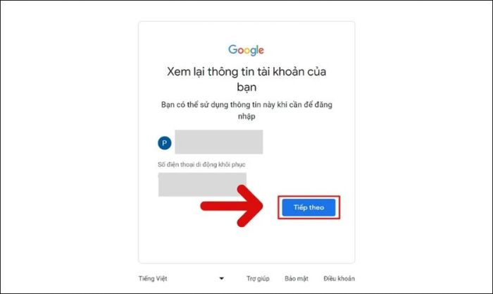 Nhấn vào nút Tiếp theo để tiếp tục