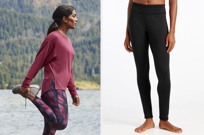 A model is seen in a pink long-sleeve top with a side slit and tie-dye navy blue, pink, and purple leggings, paired with gray sneakers, in front of a tree. Another model is barefoot in black mid-rise leggings on a white background.