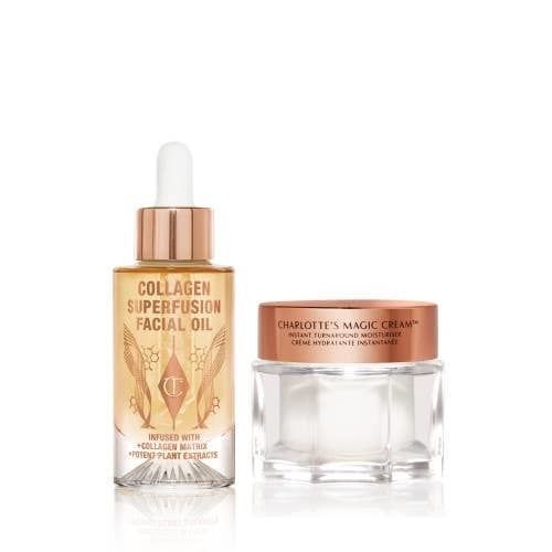 A nourishing facial oil paired with a hydrating moisturizer.