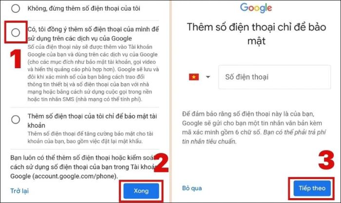 Nhập số điện thoại và nhấn Kế tiếp