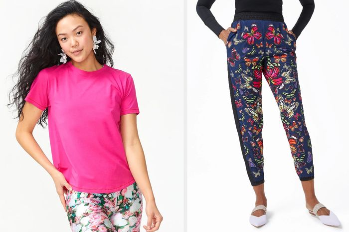 A model wears a hot pink short-sleeve top paired with floral bottoms against a white background. Another model dons navy blue and black relaxed pants featuring pink, orange, and green butterflies and flowers, complemented by pointed purple flats.
