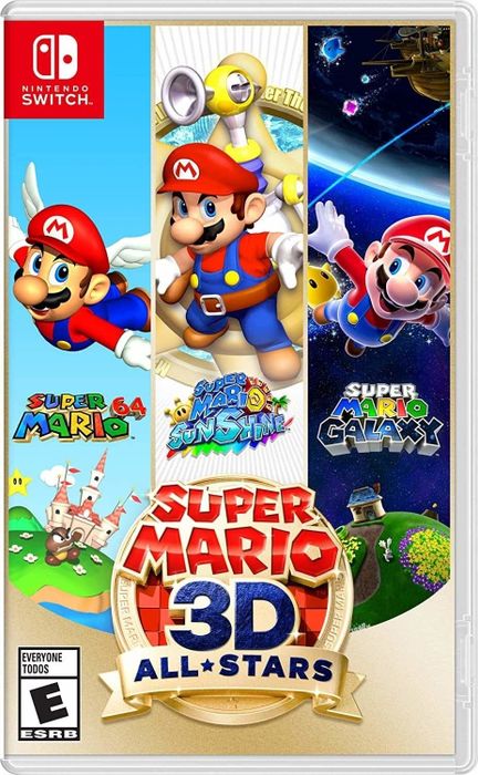 The game cover featuring Super Mario 64, Super Mario Sunshine, and Super Mario Galaxy.