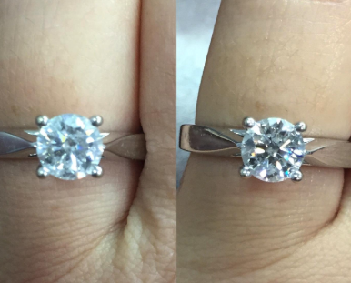 A before and after photo showing a sparkling, cleaned ring.