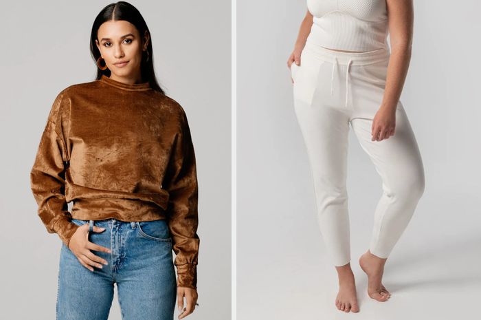 A model pairs a velvet brown pullover with light wash denim jeans in front of a gray backdrop. Another model is dressed in a white sweater and jogger pants with a matching tank top against a white background.