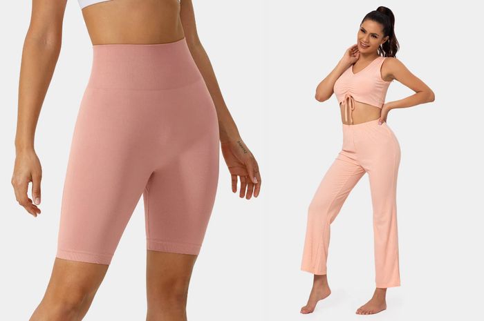 A model is styled in pink high-waisted biker shorts paired with a white sports bra against a plain white background, while another model wears a ruched cropped tank top with matching straight leg pants.