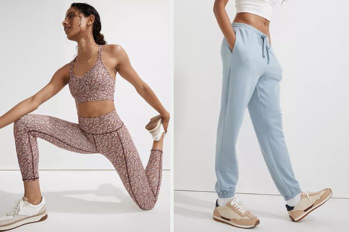 A model flaunts purple and cream floral leggings paired with a matching sports bra and cream sneakers in front of a white background, while another model sports light blue sweatpants with brown sneakers against the same backdrop.