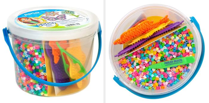 A split image showing the side and top-down views of a bucket full of Perler beads.