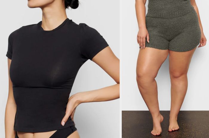 A model shows off a cropped black high-neck t-shirt paired with black underwear in front of a white backdrop, while another model rocks fuzzy green shorts and a matching top in front of a white wall.